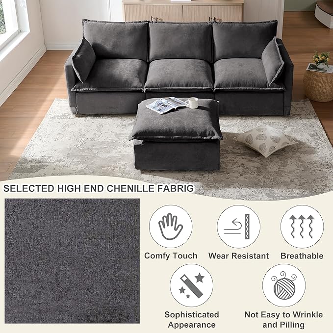 93'' Cloud Modular Sectional Couch with Convertible Removable Ottoman Oversized L Shape Sofa Deep Seat Sofa with Throw Pillows for Living Room Bedroom Apartment (Gray)