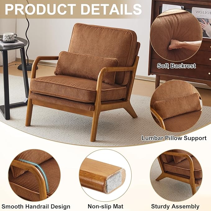 Karl home Mid-Century Modern Accent Chair Living Room Chairs with Pillow Corduroy Upholstered Lounge Armchair with Solid Wood Frame &amp Soft Cushion for Bedroom Reading Room Brown