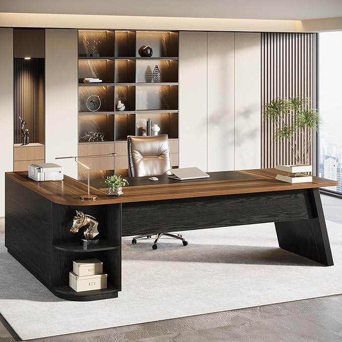 Tribesigns 79-Inch Executive Desk Large Office Desk with Cabinet L-Shaped Compter Desk with Storage Shelves Writing Table for Home Office Brown and Black