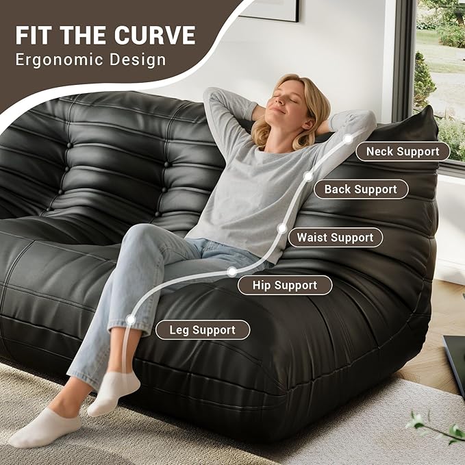 Lazy Floor SofaFireside ChairBig Bean Bag Ottoman with Memory Foam Filled for Living RoomBlack