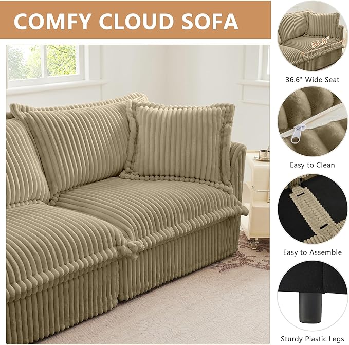 Modern Single Sofa Chair Set of 2 49 Slipcovered Armchairs Oversized Upholstered Accent Chairs Comfy Cloud Deep Seat Sofa with 2 Throw Pillows for Living Room Apartment Corduroy Camel