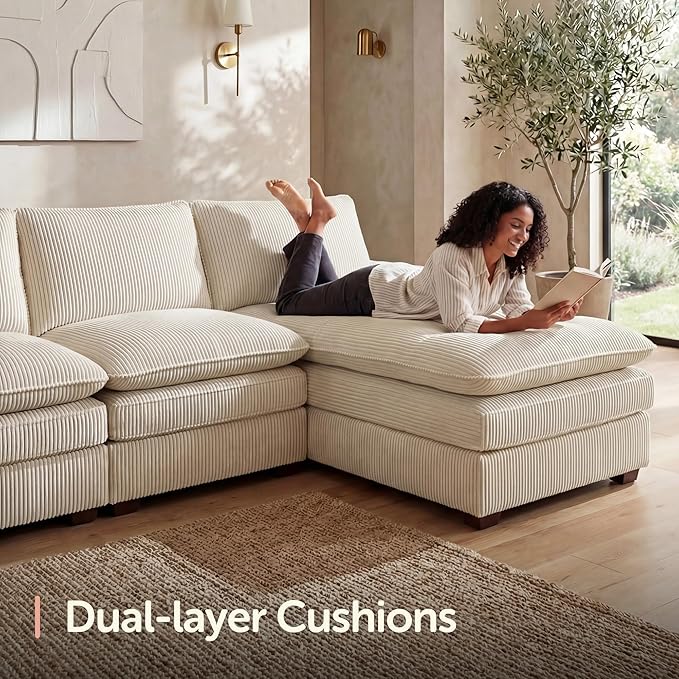 HONBAY 97.6 Inch Corduroy Cloud Modular Sectional Sofa with Chaise Deep Seat L-Shaped Couch with Storage for Living Room Apartment Small SpaceBeige