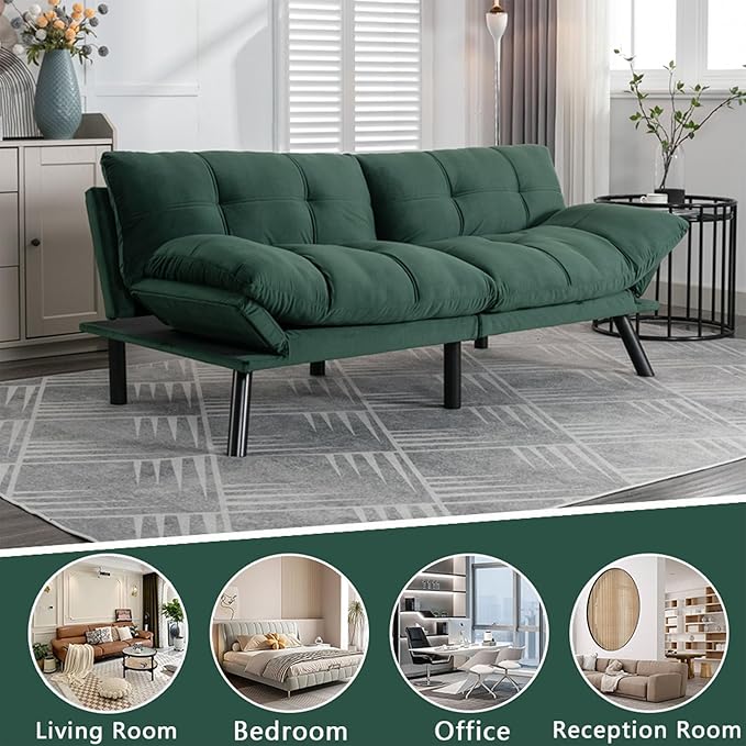 Anwick Modern Futon Couch Bed Sofa: Velvet Fabric Quick Folding Armrest Space-Saving Convertible 2 Seater Loveseat for Living Room Bedroom Small Rooms Apartment (Green)