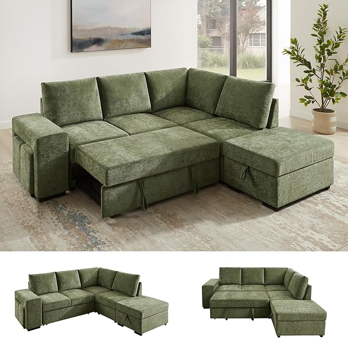 VANOMi 94 Sectional Sleeper Sofa with Pull Out Couch Comfy 6 Seater L Shaped Modular Sofa with Storage Ottoman Modern Convertible Chenille Cloud Couches for Living Room Apartment Olive