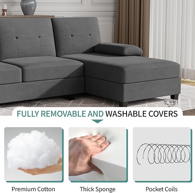 JAMFLY Sectional Sofa Couches for Living Room U Shaped Sofa Living Room Furniture Sets 4 Seat Modular Sectional Couch with Chaise Black Grey