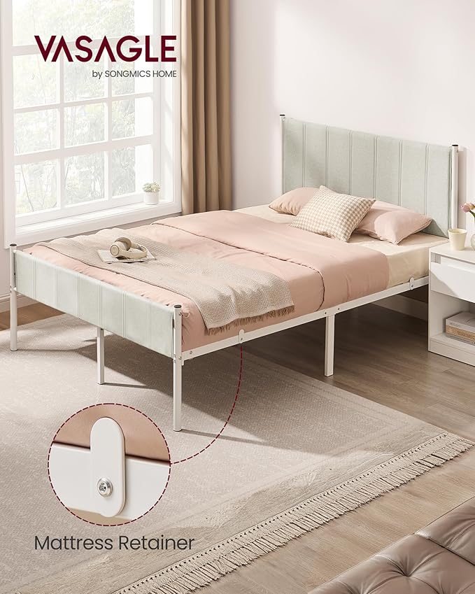 VASAGLE Queen Bed Frame with Upholstered Headboard Metal Bed Frame Queen Size with Footboard 1100 lb Weight Capacity Steel Slats Easy Assembly No Box Spring Needed Cappuccino Beige URMB981W01V1