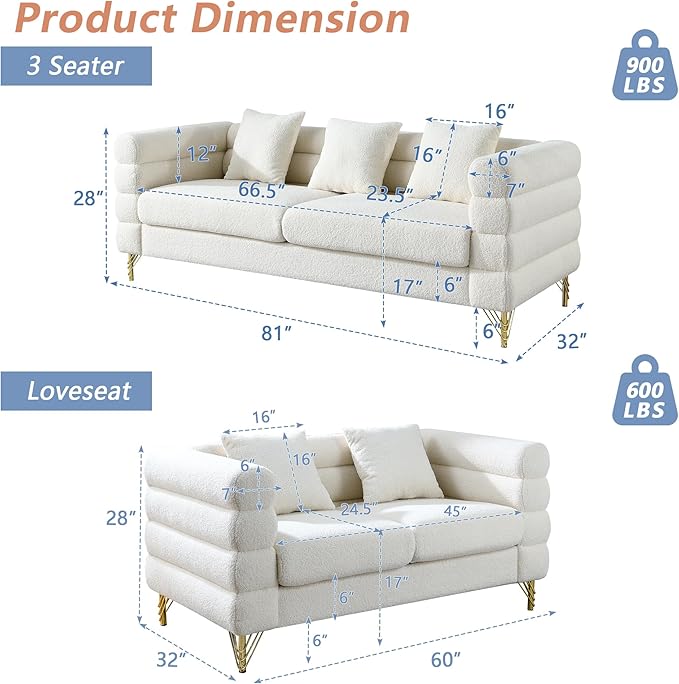 mikibama Luxury Teddy Sofa Set for Living Room Modern Decor Furniture Sectional Sofa 3 Seater Couch and Loveseat with 5 Pillows for Apartment Office Hall (White)