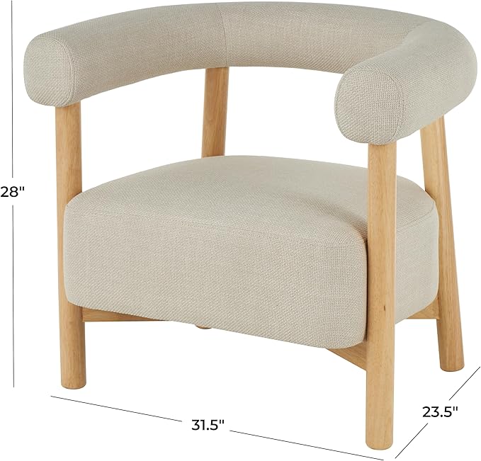 Deco 79 Polyester Living Room Accent Chair Curved Back Mid Century Modern Round Boucle Side Chair with Light Brown Wood Frame Corner Chair 32 x 24 x 28 Beige
