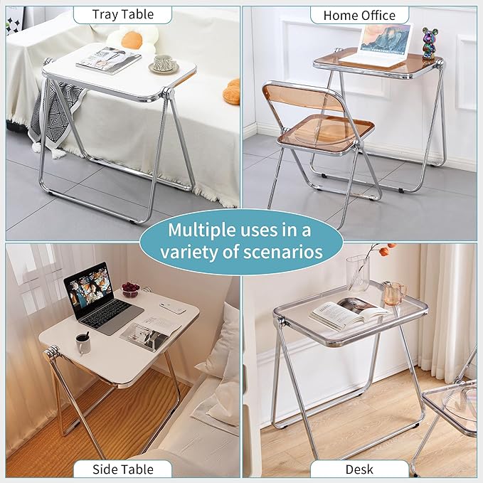 KAIHAOWIN Folding TV Tray Table Acrylic Foldable Table No Assembly Required Tiny Desk for Home Office Side Table Small Computer Desk for Small Spaces (Clear)