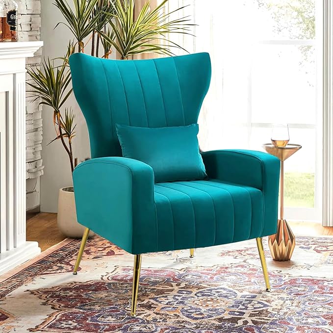 Velvet Accent Chair for Living Room Bedroom Modern Arm Chair with Wingback &amp Gold Metal Legs Lumbar Pillow Included Dark Teal