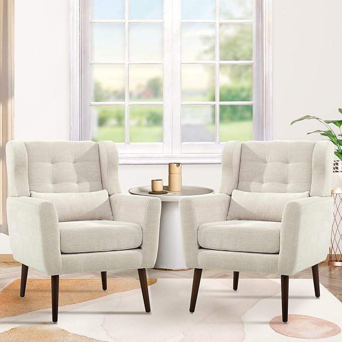 Modern Accent Chair Upholstered Armchair with Pillow Fabric Single Sofa Chair with Lounge Seat and Wood Legs Accent Chair for Living Room Bedroom Small Spaces (Beige Set of 2)