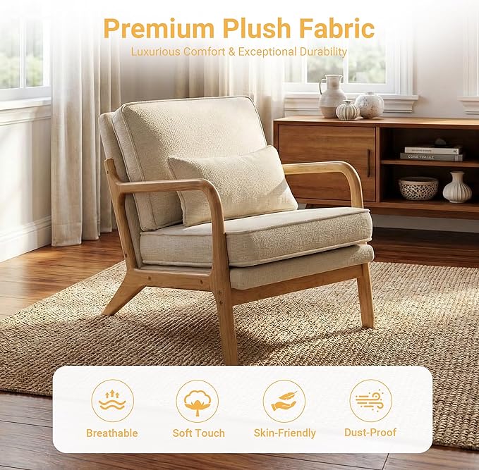 Modern Accent Chair Mid Century Wooden Upholstered Armchair with Lumbar Pillow &amp Removable Soft Cushion Reading Chair for Living Room Bedroom BalconyCoffee(Beige/Blue/Green/Grey)