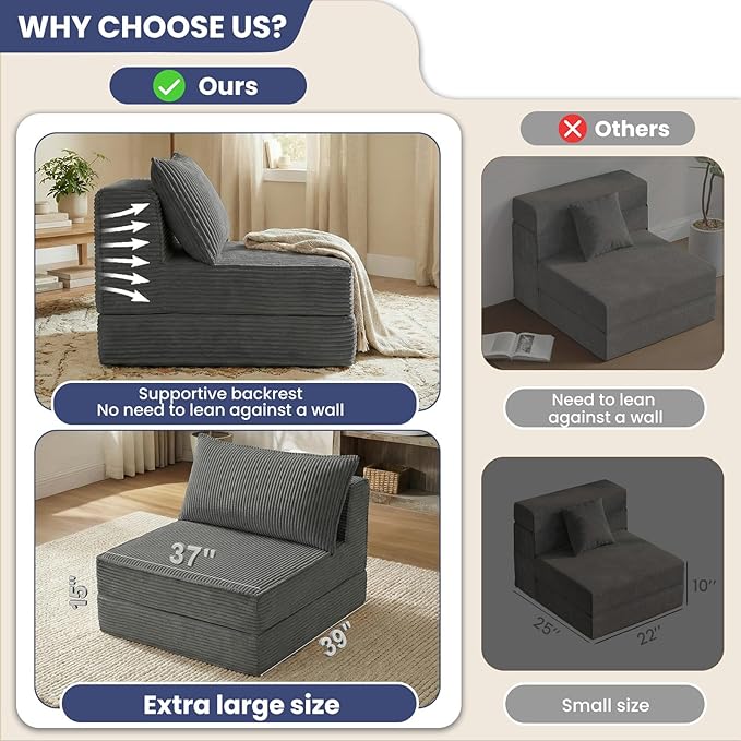 Folding Sofa Bed Convertible Sleeper Chair with PillowCorduroy Comfy Floor Futon for Living Room BedroomModern Accent Reading ChairNo Assembly RequiredGrey
