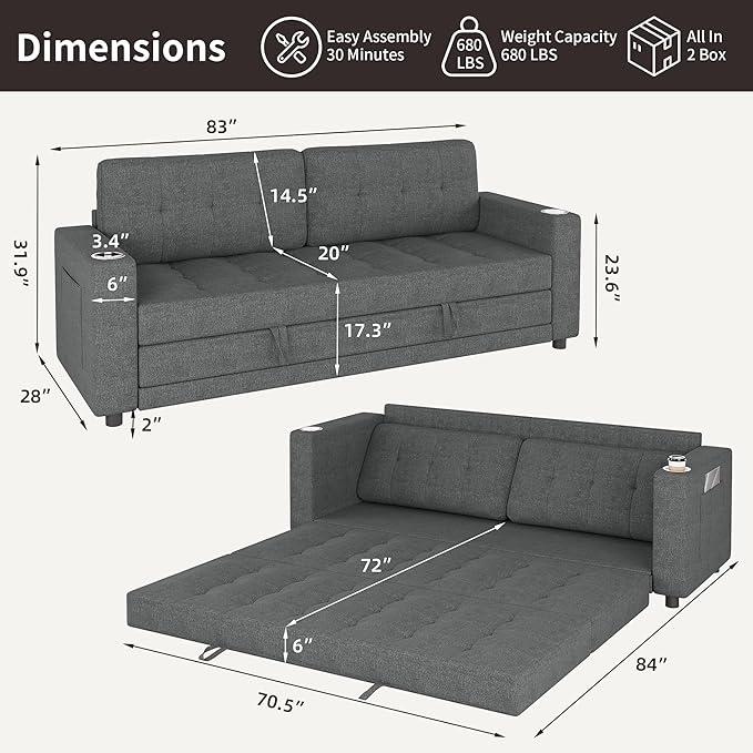 Upgraded Queen Size Futon Sofa Bed 83 Thick Upholstery Loveseat Sleeper Sofa Pull Out Couch Convertible Floor Couch for Bedroom/Living Room/Entertainment Room (Dark Grey)