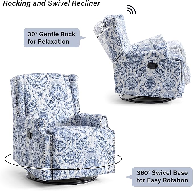 Swivel Rocker Recliner Chair Manual Nursery Glider Recliner Floral Fabric Wingback Accent Chair with Adjustable Backrest &amp Footrest for Small Spaces Living Room Bedroom (Navy Blue Set of 1)