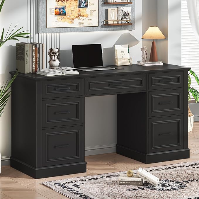 Vabches Farmhouse 59'' Executive Desk with File DrawersLarge Wood Home Office Workstation with Ample StorageRustic Writing Desk for Study.Black