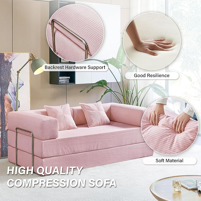 YINIX Foldable Sofa Bed 78'' Folding Floor Couch Compressed Convertable Sleeper Sofa Memory Foam Couch with Pillow Back Support Armrest 4-in-1 Futon Sofa Bed for Living Room Pink