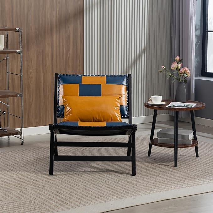 Modern Comfortable PU Leather Armless Mid-Century Style Lounge Armchair Brown Solid Wood Chair Floral Pattern Sofa Chair for Living Room/Office/Balcony/Bedroom (Blue+Yellow Set of 1)