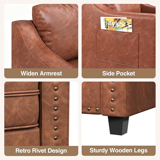Mid Century Modern Accent Chair 30 Inches PU Leather Armchairs Barrel Chair Living Room Chairs Club Chair with Cushion Reading Chair for Bedroom Apartment Reading Room Brown