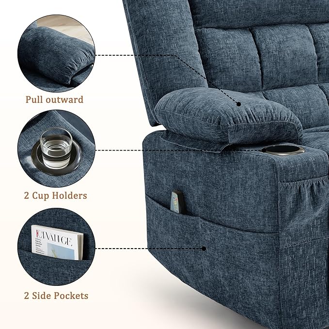 Adult 360° Swivel Recliner Chair with Massage and Heating Functions Suitable for Nurseries Features a Cup Holder and Manual Seat Adjustment Ideal for Living Rooms and Bedrooms (Fabric Blue)