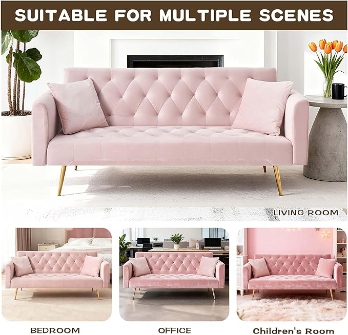 71Convertible Futon Sofa Bed - Modern Velvet Sleeper Couch with Adjustable Backrest Tufted Recliner with Golden Chrome Legs &amp 2 Pillows Perfect for Small Spaces Living Room &amp Apartment (Pi