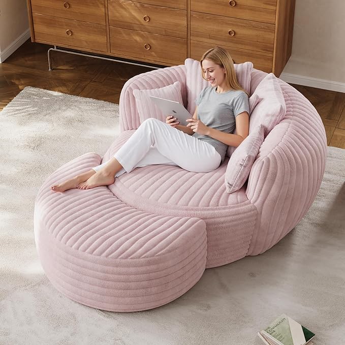 50 Oversized Chaise Lounge Indoor Round Reading Chair Lounge Chair with Ottoman Boneless Sofa Bed Large Fluffy Plush Corduroy Chaise Chair for Living Room Playroom Bedroom Pink