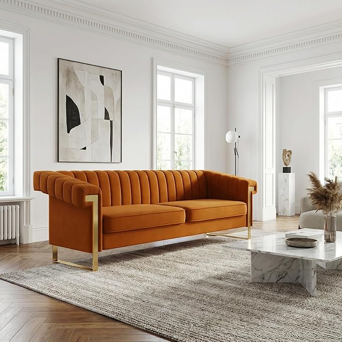 Luxury Velvet 3-Seater Sofa Mid-Century Modern Couch with Gold Metal Legs Waterfall Stitched Back Removable Cushions for Living Room Durable &amp Comfortable (Orange)
