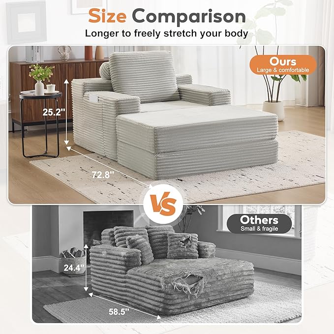 72.8 Convertible Chaise Lounge Sofa Bed Corduroy Sleeper Boneless Couch with Removable Pillow &amp Movable Table Tray Deep Seat No-Assembly Sofa for Living Room Bedroom Apartment Grey