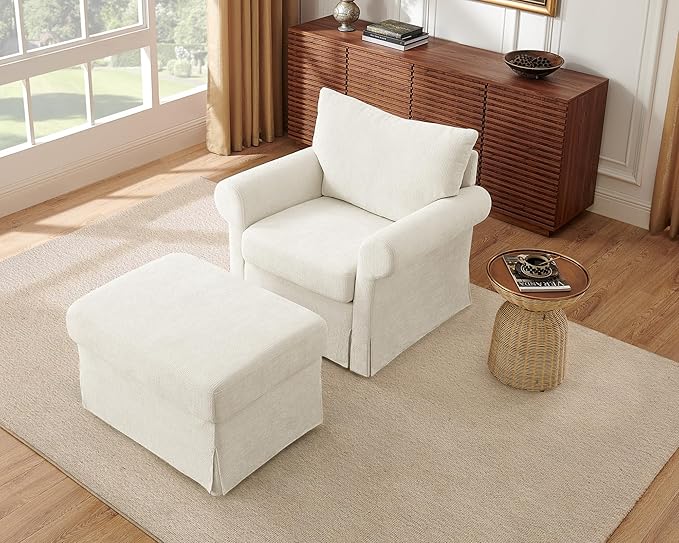 Modern Accent Chairs with Ottoman Set Comfy Chenille Reading Armchair with Rolled Arms and Cushion Backrest 35.8 W Single Living Room Chairs for Bedroom Study Apartment Beige