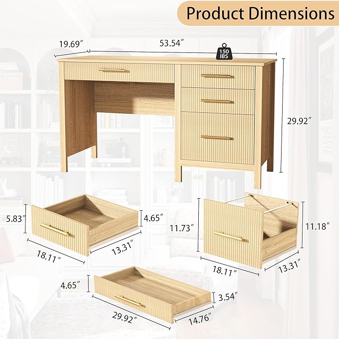 Modern Executive Desk with Drawers: 54 Oak Home Office Desks with File Drawers Wood Fluted Computer Writing Desk for Work Study and Living Room (54)