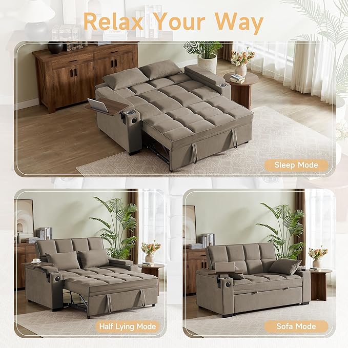 66 Multi-Functional Pull-Out Sofa Bed with Hidden Side Table Storage Armrests Built-in Charging Port Spring Mattress Solid Wood Frame – Ideal for Small Spaces Easy Assembly