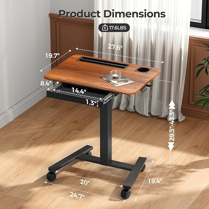 Mobile Standing Desk with Drawer 28 Rolling Desk with Cup Holder and Hooks Portable Laptop Workstation on Wheels Height Adjustable Cart with Storage for Home Office Dark Wood