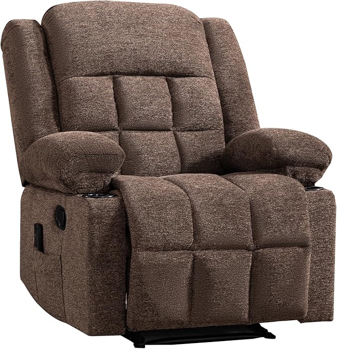 EBELLO Manual Recliner Chair for Adults with Vibration Massage and Lumbar Heating Soft Fabric Recliner Single Sofa for Living Room with Side Pocket and Two Cup Holders Brown