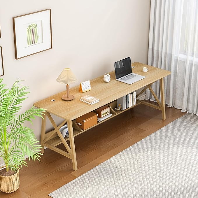 Extra Long Desk with Bookshelf - Wooden Home Office Work Study Table 2-Person Writing Computer Workstation with Storage Shelf in Oak 71 Wx20 Dx30 H