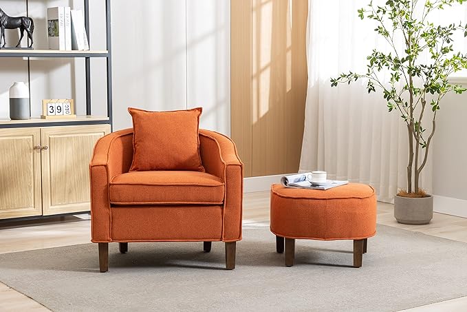 Accent Chair with Ottoman Mid Century Modern Barrel Chair Upholstered Club Tub Round Arms Chair for Living Room
