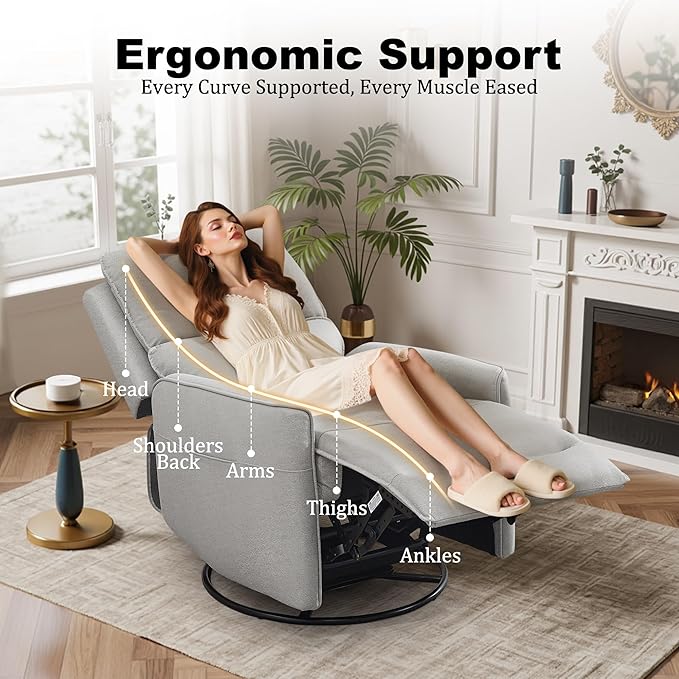 Recliner Chair 360 Swivel Rocker Recliner Chairs for Adults Small Recliners for Small Spaces Upholstered Nursery Chairs with Side Pockets Glider Rocking Chair for Living Room (LightGrey)