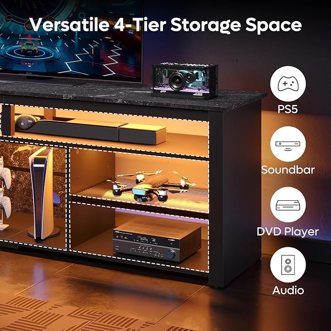 Bestier Tall LED TV Stand for 70/75/80 inch TV Modern Black Marble Entertainment Center with Storage for PS5 Gaming Console for Living Room &amp Bedroom
