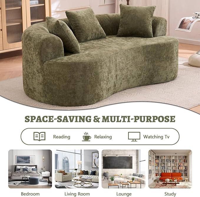 80 Curved Loveseat for Small Spaces Green Curved Couches for Living room Compression Sofa in a Box with 3 Pillows Small Couch for Bedroom with Wide Armrest &amp Memory Foam No Assembly Required