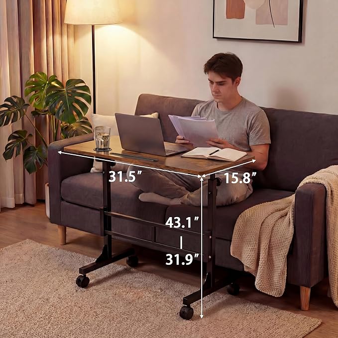 YESHOMY Standing Desk Adjustable Height 32 Inch Small Portable Rolling Desk with Wheels Cup Holder Tablet Upright Groove for Office Sofa Bedroom Rustic Brown