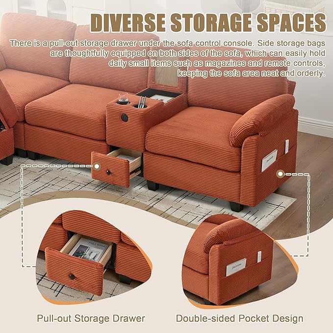 KEIKI 105 L-Shaped Oversized Corduroy Modular Sectional Sofa with 1 Ottoman and Multi Functional Console 4-Seater Upholstered Couch with USB and 2 Cup Holder Easy Assembly for Living Room Orange
