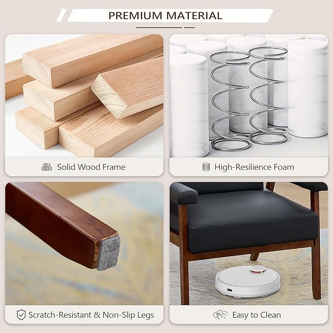 JIASTING Accent Chairs Set of 2 Black Leather Chairs with Solid Wood Frame Tufted Small Mid-Century Modern Wooden Arm Chair Comfy Office Reading Armchair for Living Room Bedroom (2)