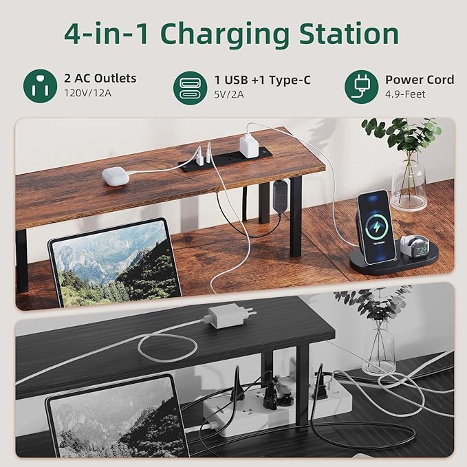 Somdot 53 L Shaped Desk with 4 DrawersHome Office Desks with Power OutletsGaming Desk with USB Charging Port and Host Stand Corner Desk with Storage Shelves for GamingWood Grain Print