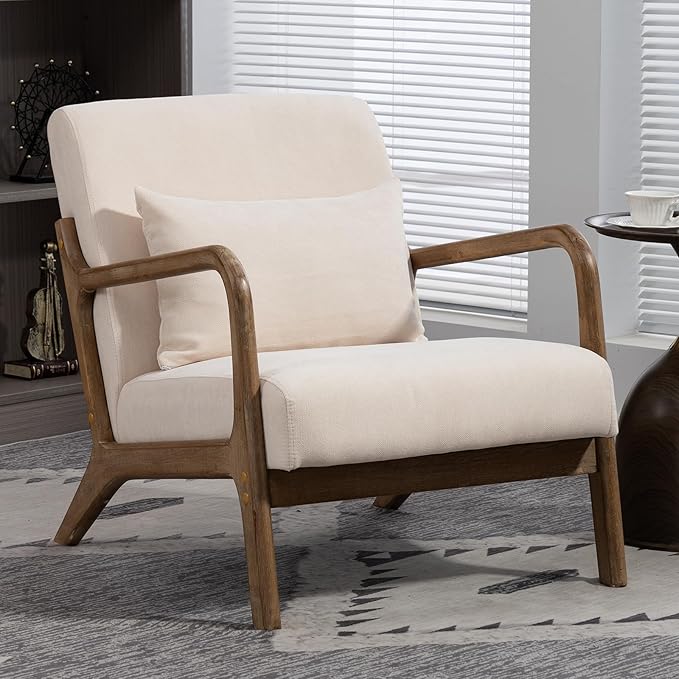 Minimalist Accent Chair Velvet Upholstered Mid-Century Modern Chair with Pillow Lounge Arm Chair with High Backrest Comfy Reading Chair for Living Room Balcony (White-Light Brown)