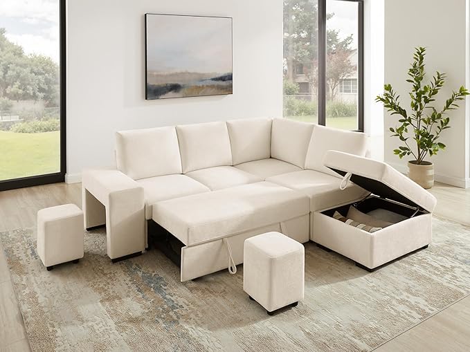 VANOMi 94 Sectional Sleeper Sofa with Pull Out Couch Comfy 6 Seater L Shaped Modular Sofa with Storage Ottoman Modern Convertible Chenille Cloud Couches for Living Room Apartment Beige