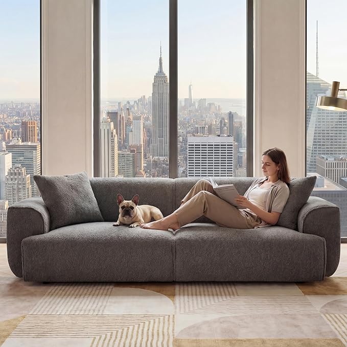 Modern 91'' Wide Cloud Couch Sofa Love Seat Couches W/Solid Frame Friendly Couch W/Boucle Couch Cozy Fabric with 2 Pillow &amp Rectangular Arm for Apartment Grey