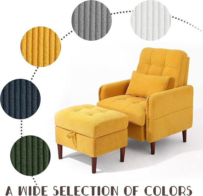 UIXE Accent Chairs with Storage Ottoman Corduroy Recliner Upholstered Armchair with Adjustable Backrest for Living Room Modern Sofa Bed Comfy Bedroom Reading Seat - Orange Set of 2