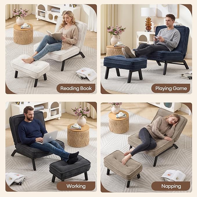 ANJ 3-Position Adjustable Accent Floor Chair Set of 2 with Ottoman Ergonomic Stable Lounge Chairs for Adults Thick Cushioned Comfy Reading Chair with Footrest for Living Room Bedroom Black
