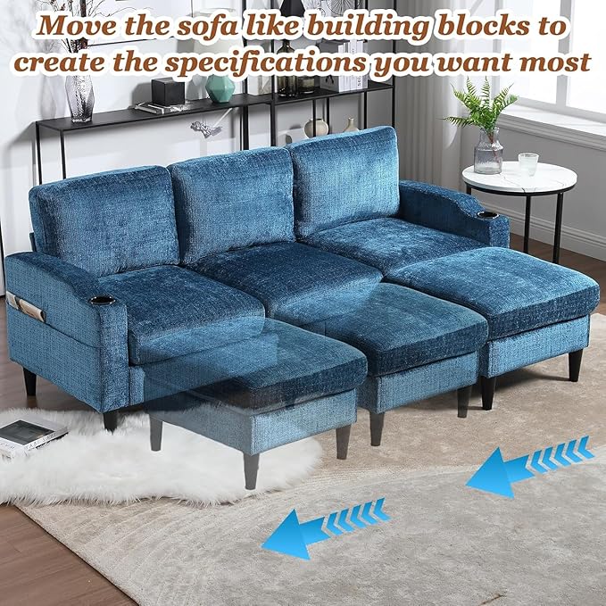 L Shaped Couch with Storage Ottoman 77 Chenille Small Sectional Couches with 2 Cup Holders &amp Storage Pocket for Small Space Comfy Cloud Sectional 3 Seater Couch Blue