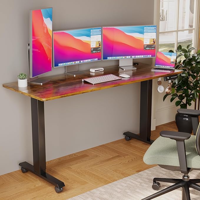 Shahoo Electric Standing Desk 60 Inch Ergonomic Height Adjustable Table with T-Shaped Metal Bracket Modern Computer Workstations for Home Office Rustic Brown 60 x 24 Inch