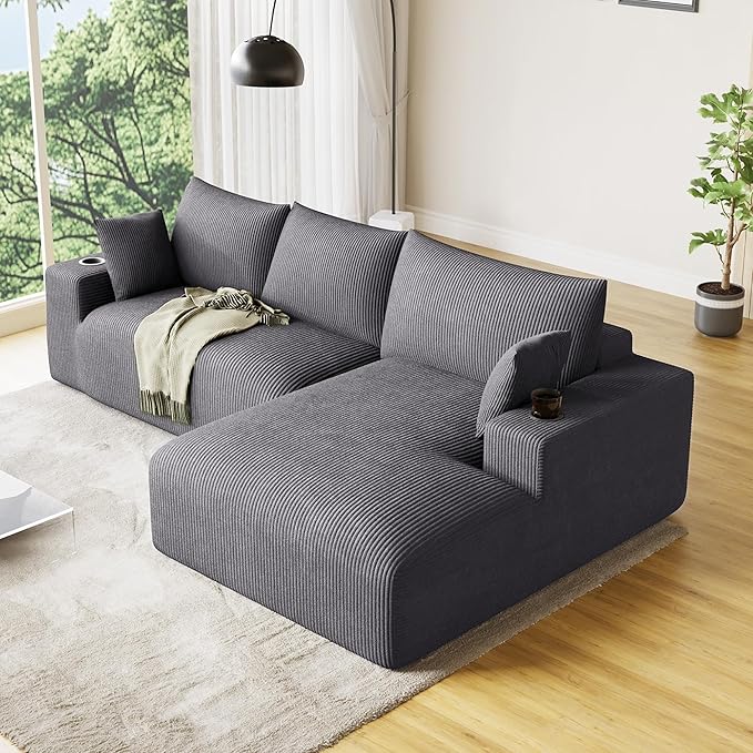 113 Modular Sectional Sofa Cloud Couch Modern Deep Seat Fluffy Corduroy Boneless Couch with Cup Holder Comfy L Shaped Sectional Couches for Living Room Bedroom. (Left Facing Grey)